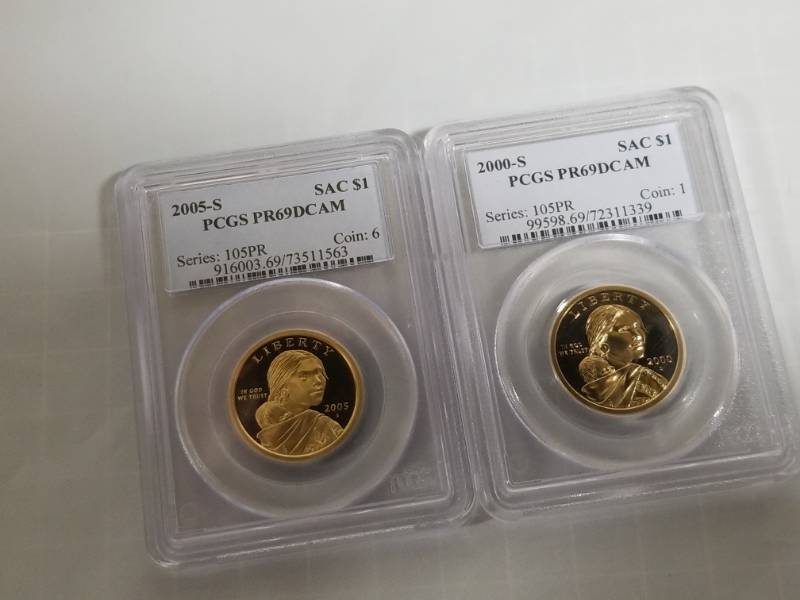 lot 8015 image: Lot of 2 PCGS Certified Proof PR69DCAM Sacagawea $1 Coins 2000, 2005 Deep Cameo