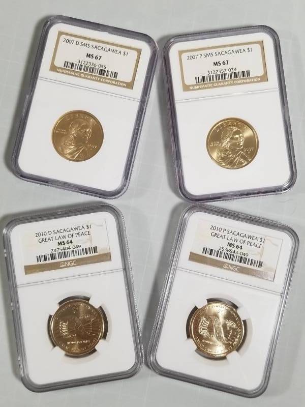 lot 8016 image: Lot of 4 NGC Certified Uncirculated MS67 & MS64 Sacagawea $1 Coins  2007 P&D, 2010 P&D