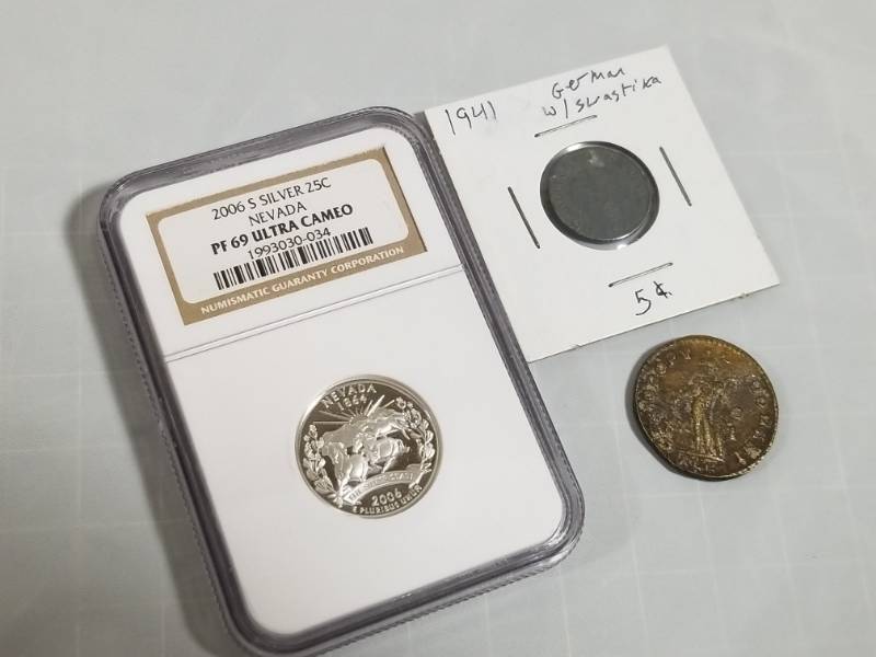 lot 8017 image: Lot of 3 Coins 2006 S Silver NGC Proof PUltra Cameo Roman Coin & 1941 German 5 Cent