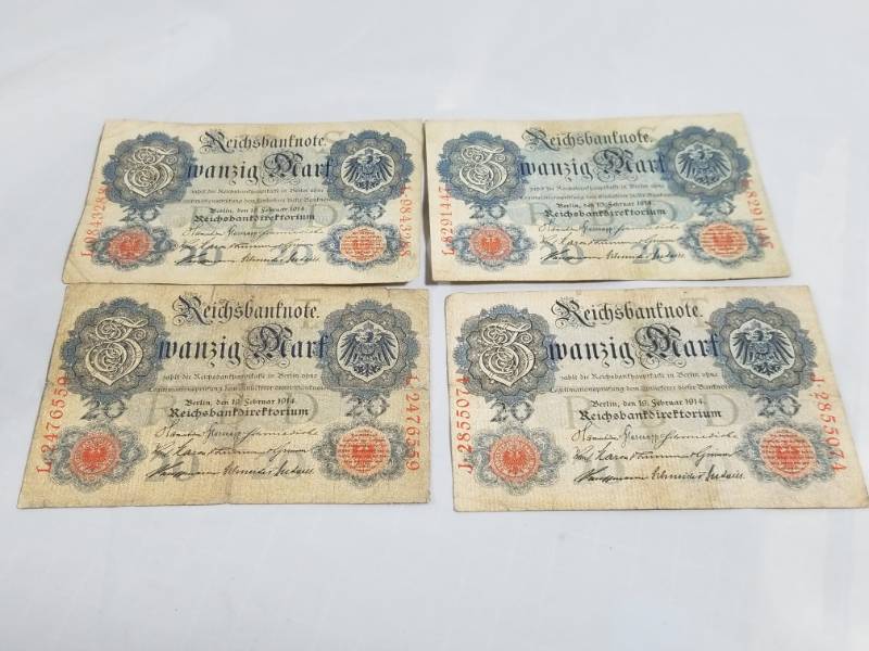 lot 8021 image: Lot of 4  20 Mark  1914 German Reichbanknotes