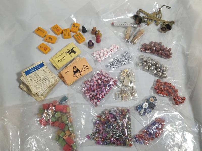 lot 8028 image: Lot of Misc old wood game pieces, bells, sports beads, beads