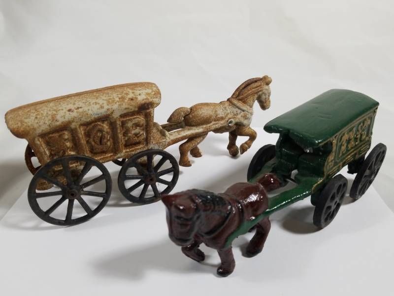 lot 8031 image: Lot of 2 Cast Iron Horse & Buggies  1 US Mail  1 Ice