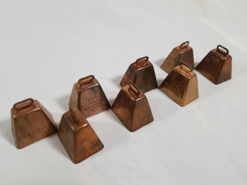 lot 8032 image: Lot of 8 Copper Bells - Say Ring for Wichita - very collectible
