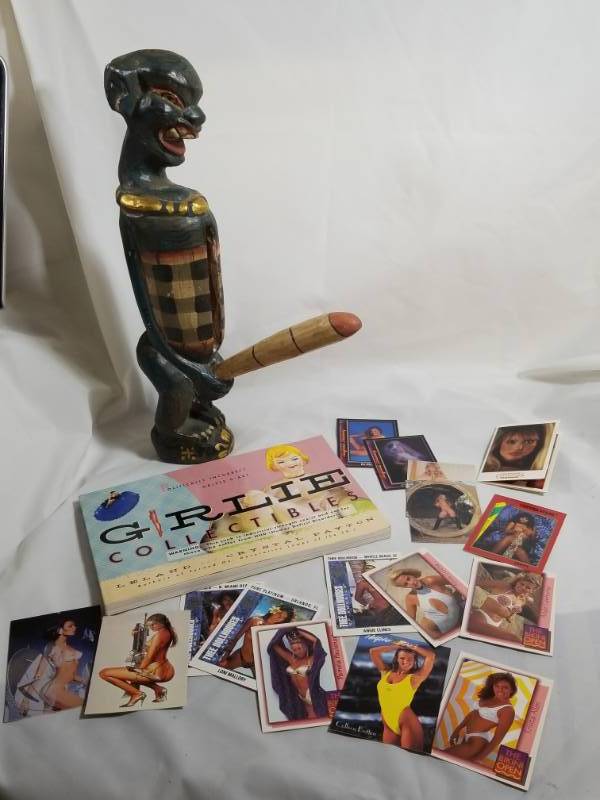 lot 8044 image: Girlie Collectibles Book w 14 wood Carving & a few Trading Cards