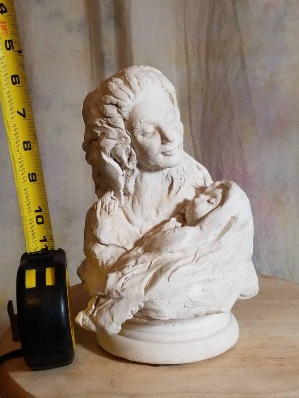 lot 8089 image: Local Sculptor Babs Mellor Signed Original Roughly 8 Tall  Woman Holding Baby