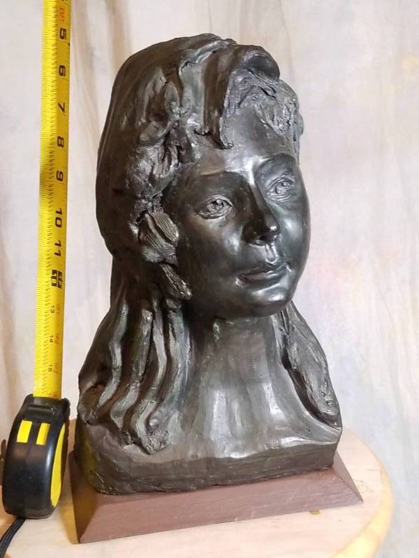 lot 8091 image: Local Sculptor Babs Mellor Signed Original Roughly 12-13 Tall  Womans Bust On wood Base (heavy)