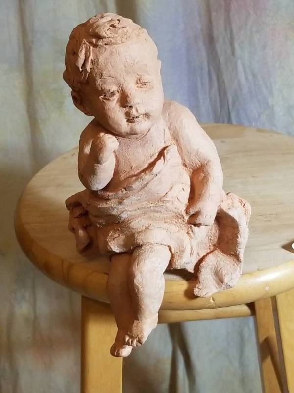 lot 8092 image: Local Sculptor Babs Mellor Signed Original Roughly 7 Tall  Seated Baby