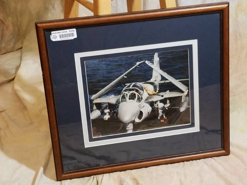 lot 8100 image: 18x22 Triple matted & framed Military Jet on Aircraft Carrier