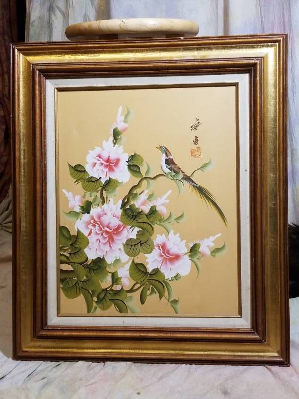 lot 8101 image: 24x28 Beautiful Painting on Canvas of Bird with Flowers
