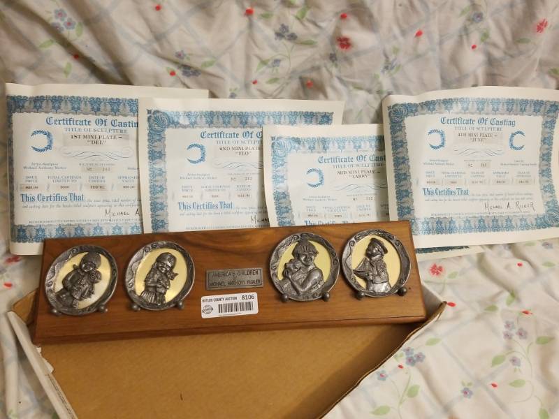 lot 8106 image: Americas Children Plaques Set of 4 Michael Anthony Ricker Pewter w Certificates