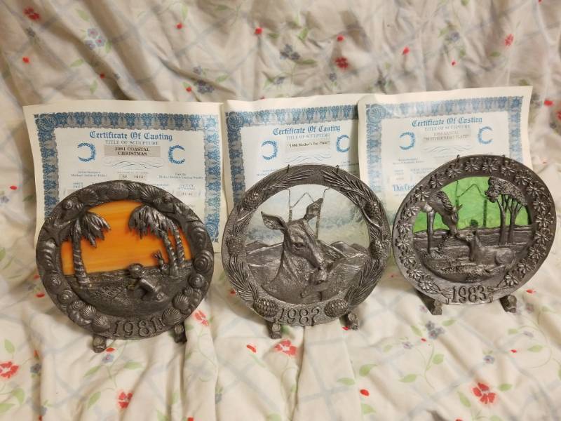 lot 8108 image: 1981, 82, 83   9 Pewter Signed Michael A Ricker w Certificates w Stands