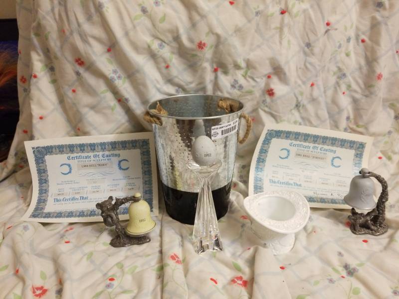 lot 8109 image: A bucket of Items 2 Signed Michael A Ricker w Certificates Pressed Milk glass Hat Crystal Vase