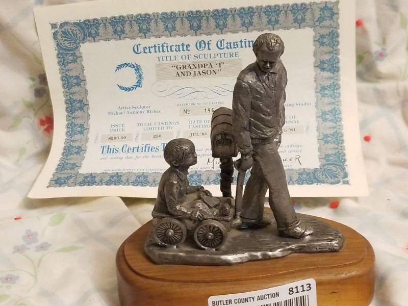 lot 8113 image: #196 of 250 Signed Michael A Ricker w Certificates (Grandpa T & Jason) 6.5 Tall wwood base