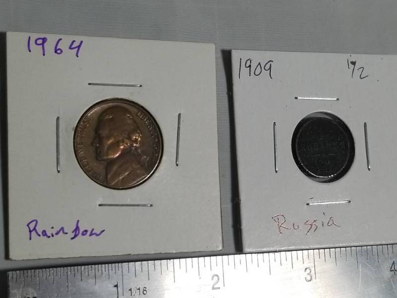 lot 8124 image: U.S. 1964 Rainbow Toned Jefferson Nickel & 1909 Russian 12 Cent