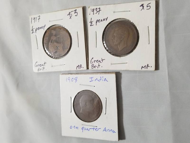 lot 8132 image: 3 Coin Lot   2 British 12 Pennies 1917 & 1937 & 1908 Quarter Anna from India