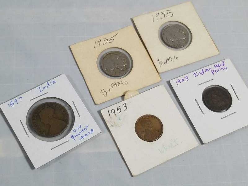 lot 8134 image: 5 Coin Lot  2 1935 Buffalo Nickels 1903 Indian Head & 1953 Wheat  1897 14 Anna, India