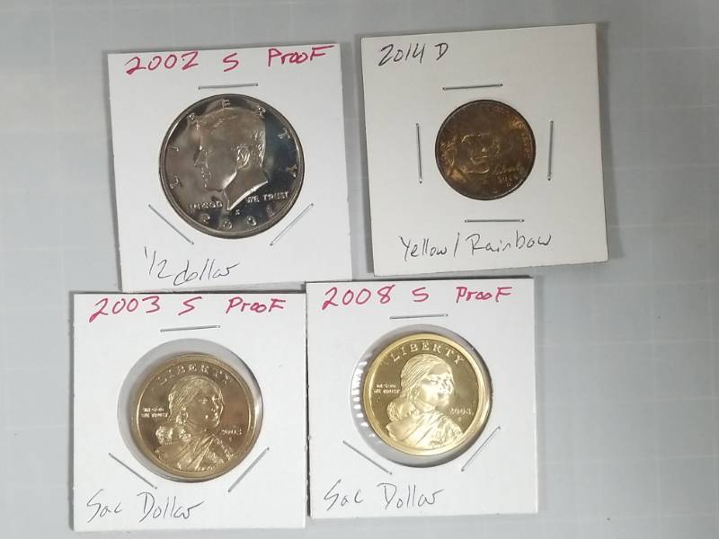 lot 8136 image: Lot of 4 U.S. Coins  2 - Proof Sac $1 Coins 2003 & 2008  2002 12 Dollar  2014 Rainbow Nickel