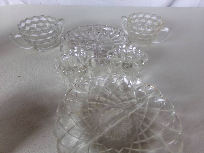 lot 9181 image: 2 relish plates two glass mugs and two glass candle holders