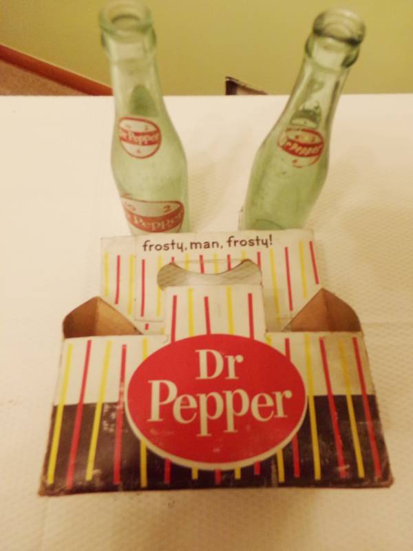 lot 9569 image: Lot of 2 - 6 12 oz. Vintage Dr. Pepper Bottles - with PAPER CARTON WOW