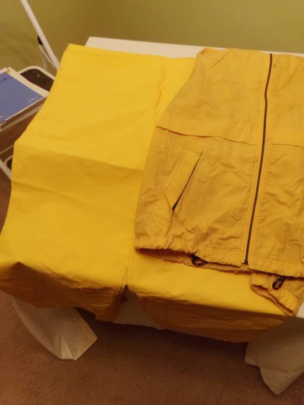 lot 9540 image: Size Large Rubber Pant Suit With Plush Yellow Wind Breaker