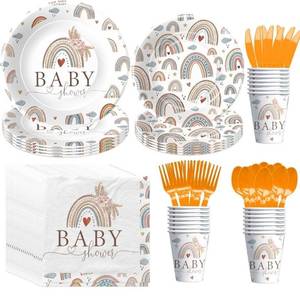 lot 28531 image: Boho Baby Shower Decorations Tableware, Boho Rainbow Baby Shower Decorations, Paper Plate, Napkin, Cup, Disposable Cutlery, Retro Rainbow Theme Baby Girl Party Supplies, 24 Guests
