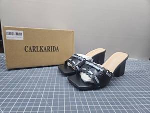 lot 28546 image: Carlkarida Black Floral Cut-out Mule Sandals Size 5.5