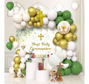 lot 28624 image: 129 PCS First Holy Communion Party Decorations Greenery Baptism Mi Primera Comunion Balloon Garland Arch Kit with Banner God Bless First Communion Baptism Party Decoration Supplies
