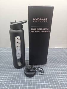 lot 28639 image: Hydrate Glass Water Bottle with Dual Lids - Black