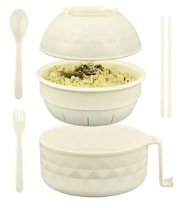 lot 28646 image: Lot of 2 HUAKENER Microwave Ramen Bowl, 38 oz Microwave Ramen Bowl with Lid, Ramen Noodles Bowl with Spoon Chopsticks Fork (White)