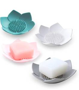 lot 28686 image: Set of 4 Silicone Lotus Soap Trays - Quick-Drain, Non-Slip Holders for Shower, Bathtub, Sink & Modern Bathroom Decor