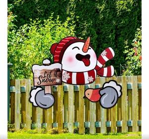lot 28698 image: Lot of 2- Christmas Fence Decorations, Outside Christmas Fence Decorations Over The Fence Christmas Decorations Snowman Christmas Fence Peeker Decoration for Holiday Garden Fence Decoration