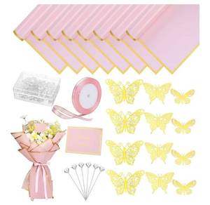 lot 28713 image: 93 Pcs Flower Bouquet Wrapping Paper Kits, 20 Sheets Waterproof Floral Wrapping Paper 10 Greeting Cards 12 Gold Butterfly 50 Flower Pins 1 Roll Ribbon for Wedding Birthday Party Favor