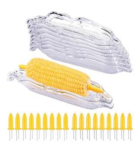 lot 28768 image: 9 Pack Plastic Corn Trays Transparent Corn Dishes with 18 Pieces Stainless Steel Corn Holders on the Cob Skewers Cob Dinnerware