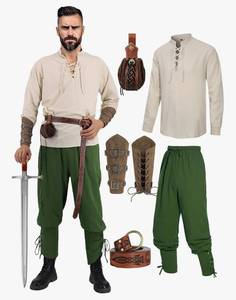 lot 28771 image: Medieval Costume Men Adult Renaissance Costume Set Viking Pirate Shirt Ankle Banded Pants with Arm Guard Belt Pouch Size Large