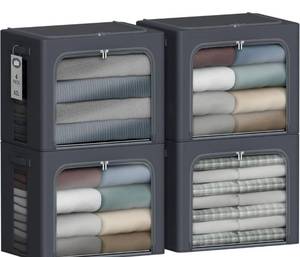 lot 28778 image: Clothes Storage Bins with Metal Frame - 42L Stackable Storage Box with Lid, Foldable Storage Container Organizer for Clothes, 4 Pack Non-Woven Storage Box with Clear Window