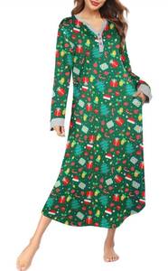 lot 28850 image: Womens Long Sleeve Nightgown Pleated Long Sleepwear V Neck Sleepshirts Full Length Loungewear with Pockets Christmas Santa Size S