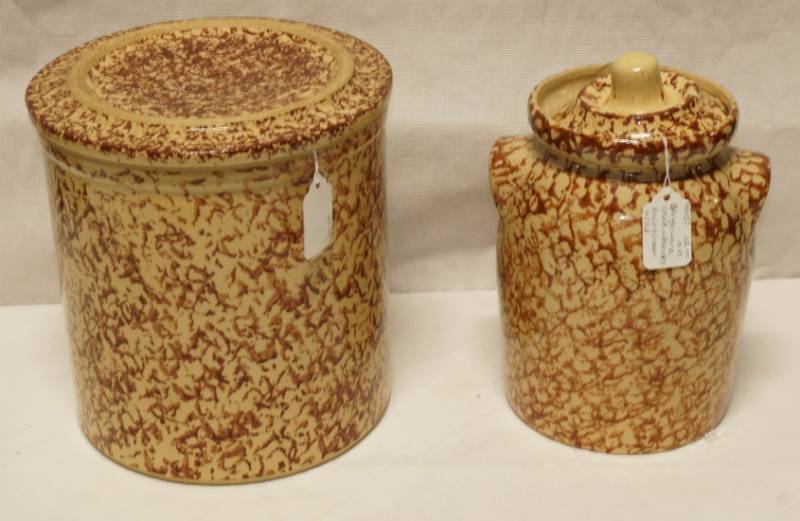 lot 5416 image: Lot of 2 BIG Spongeware Canisters w lids - NICE See pics