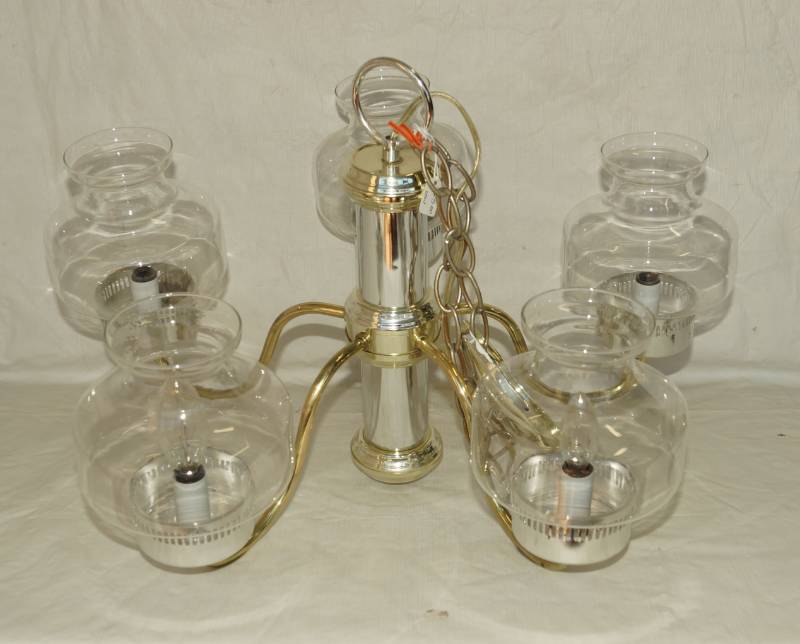 lot 3855 image: Brass and Glass Hanging Chandelier