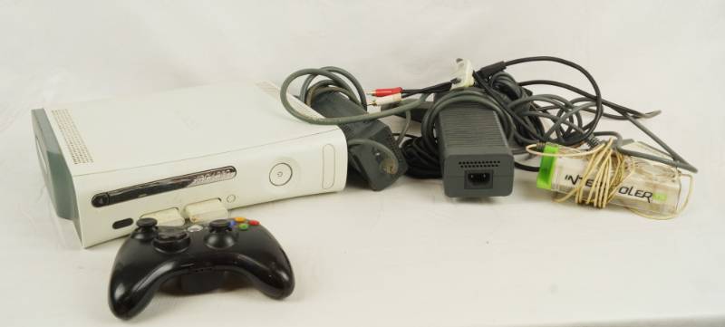 lot 6095 image: XBOX 360 w various cords and controllers as shown