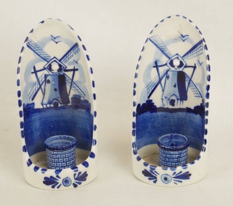 lot 6100 image: Set of 2 Delft Blue Hand Painted in Holland - RARE - Candle Holders by D.A.I.C. - Very Beautiful
