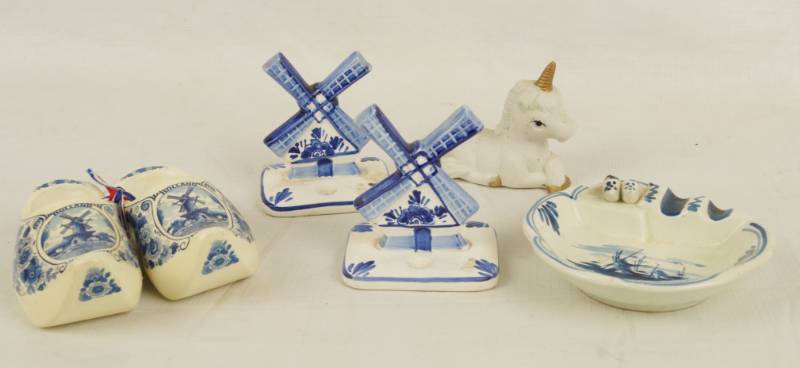lot 6105 image: Lot of Misc. Holland Dutch Themed Blue and White Figurines, Ash Tray and more, with a unicorn too