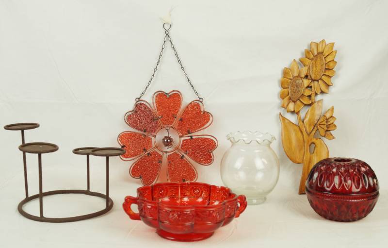 lot 6038 image: Candle Holder, Red Glass, Cool Wooden Carved Flower and more