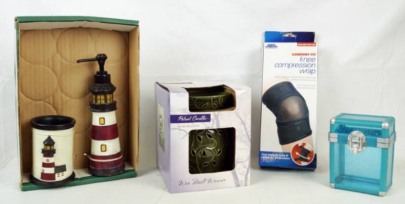 lot 6050 image: New in Box Wax Warmer - Lighthouse Dcor and knee compression wrap - all new