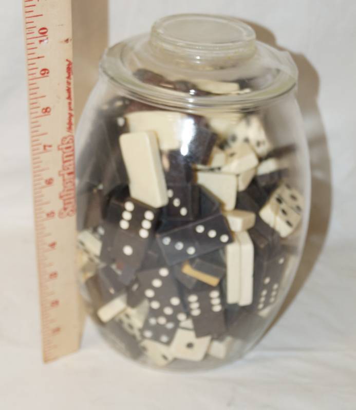 lot 6080 image: Old Glass Cookie Jar with lid - FULL of dominos - Great dcor piece