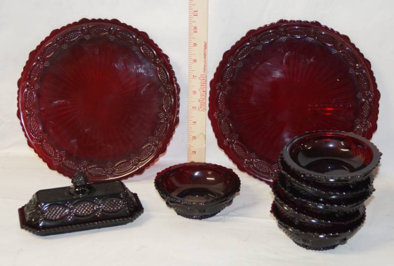lot 6002 image: Lot of AVON CAPE COD Red Glass RARE Butter Dish, Dinner Plates and side bowls