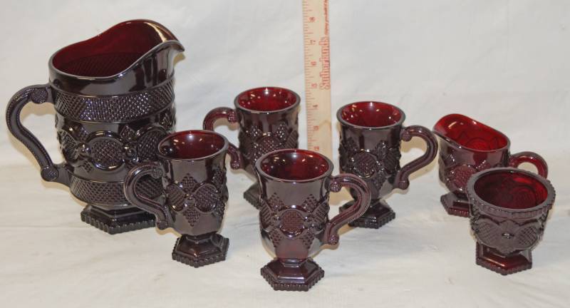lot 6003 image: Lot of AVON CAPE COD Red Glass RARE Drink Pitcher, Coffee Cups, and Creamer - see pics