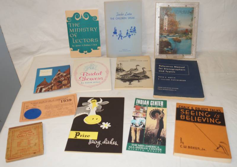 lot 5889 image: Lot of Vintage Books and Pamphlets, Cosmetology Certificate from 1939, Vintage Canning Labels UNUSED WOW