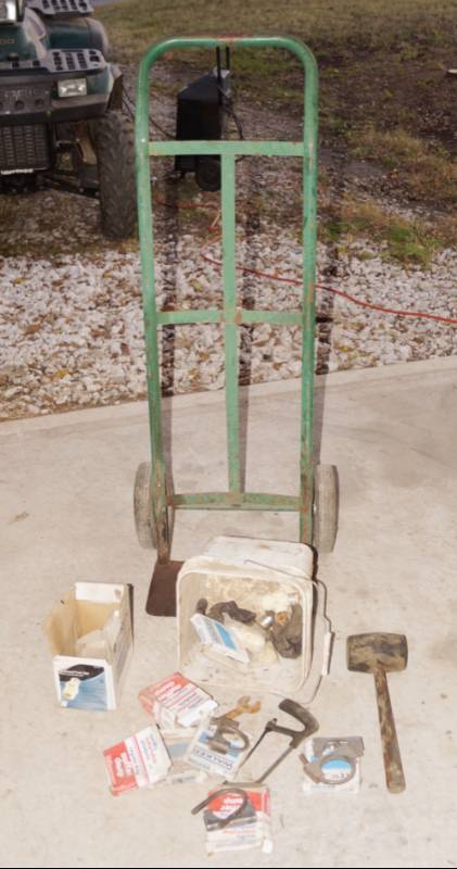 lot 5928 image: Green Dolly, Mallet, Hack Saw and More supplies in a bucket
