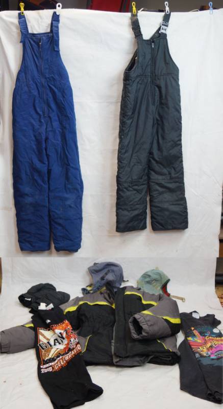 lot 6028 image: Lot of Winter Wear - Kids Snow pants, XL nice mens coat, and new t-shirt wtags - see pics for more