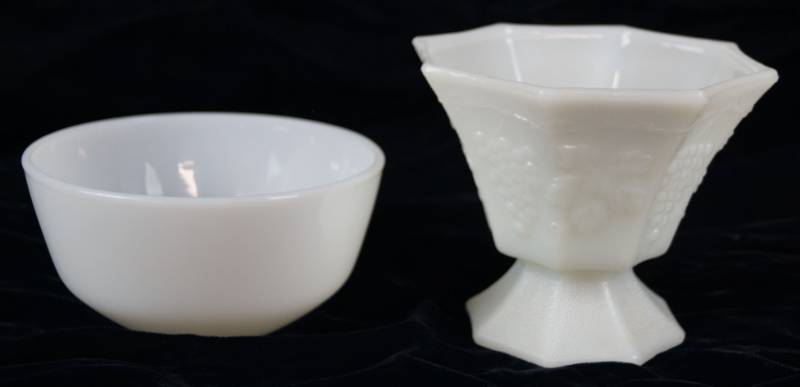 lot 6020 image: Lot of 2 Pieces of White Milk Glass - Grape Design on Pedestal Dish, Fire King Bowl - WOW